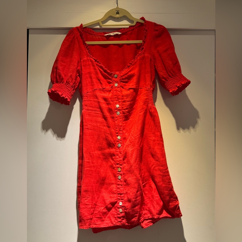 Zara Red Linen Short Sleeve Mini Dress
